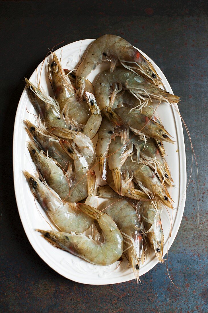 Fresh king prawns on a serving dish