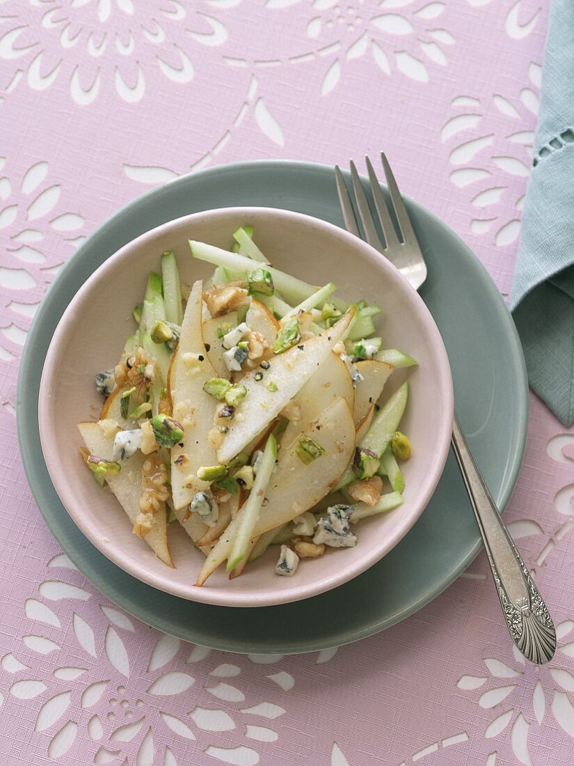 Raw Pear and Apple Salad with Walnuts, Pistachios and Blue Cheese