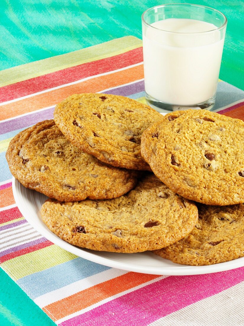 Chocolate chip cookies and a glass of milk