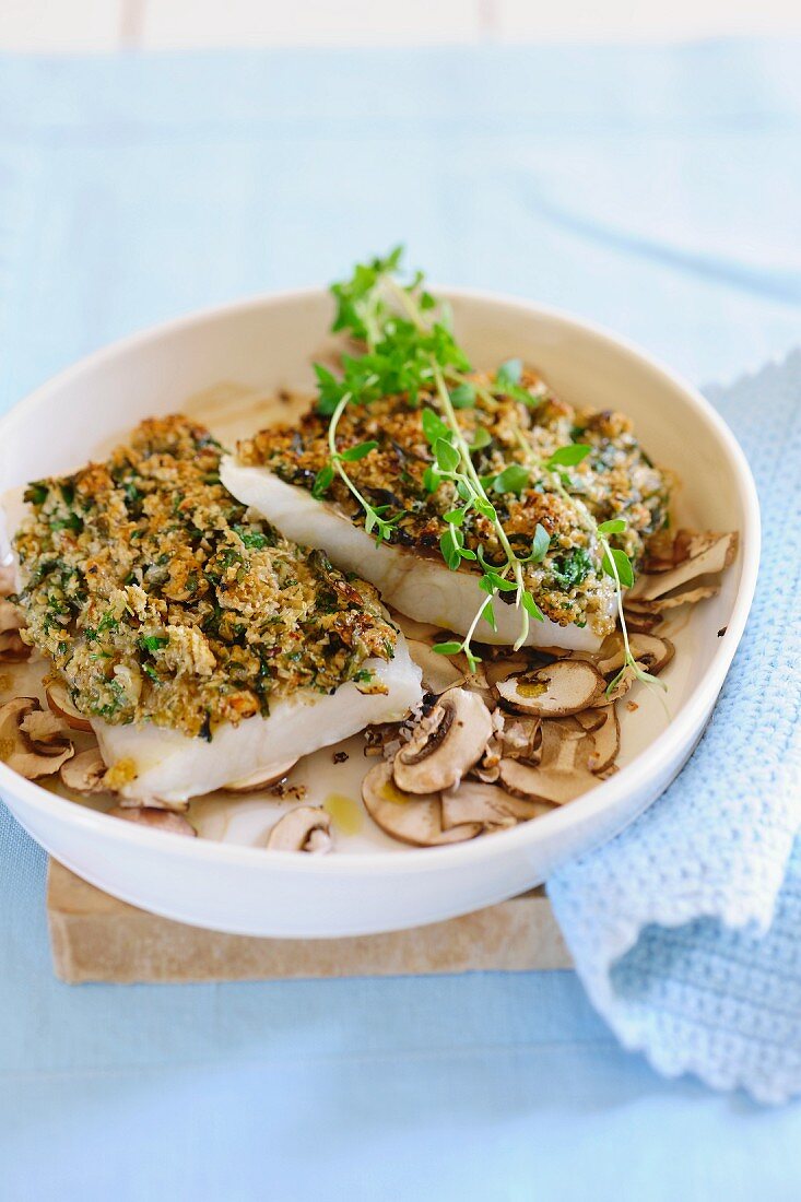 Fillet of fish with a mushroom and herb crust