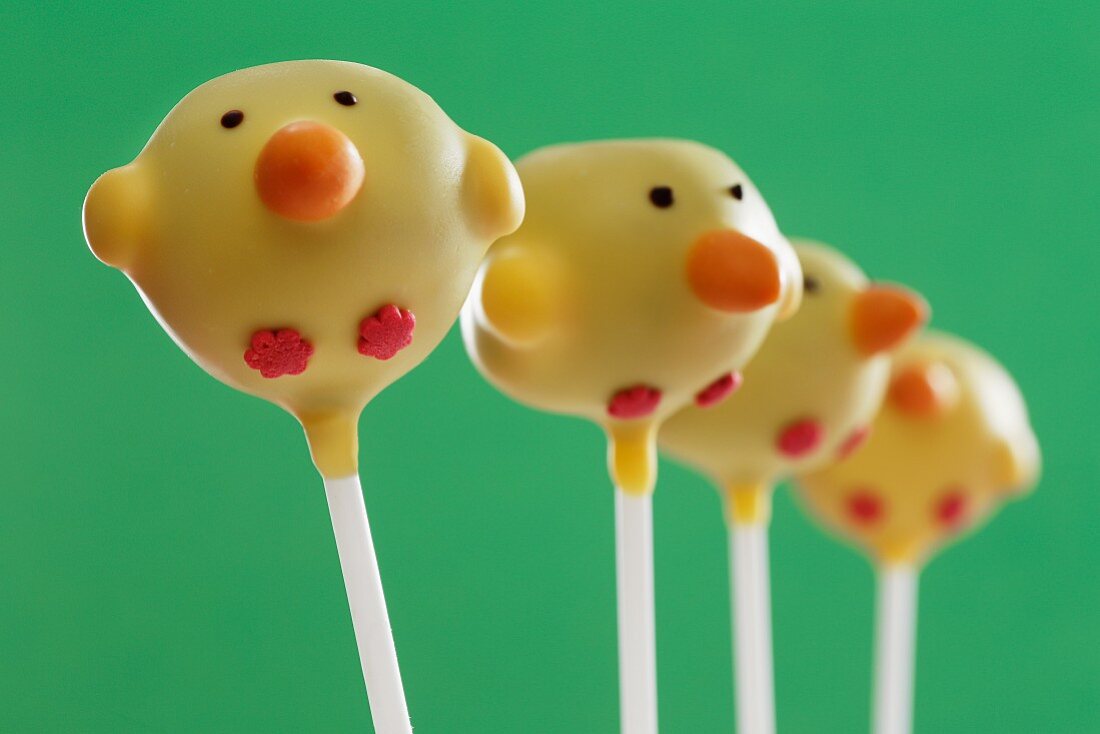 Vier Cake Pops (Küken) in einer Reihe