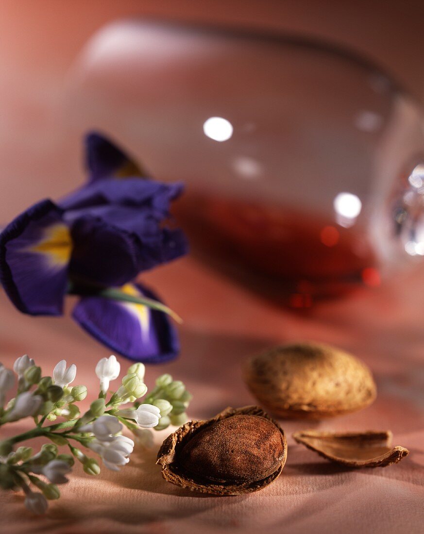 A glass of red wine on its side, with almonds, an iris and lilac blossom