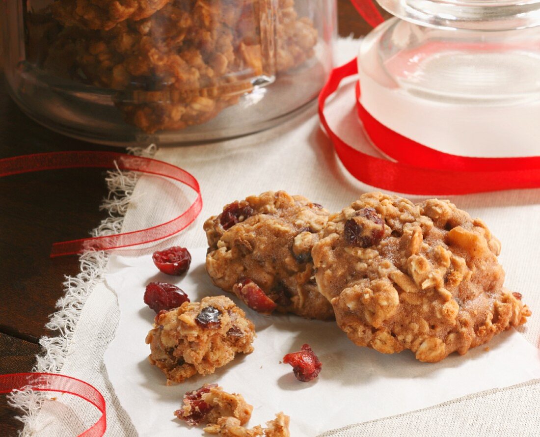 Homemade Oatmeal Cranberry Cookies with Red Ribbon