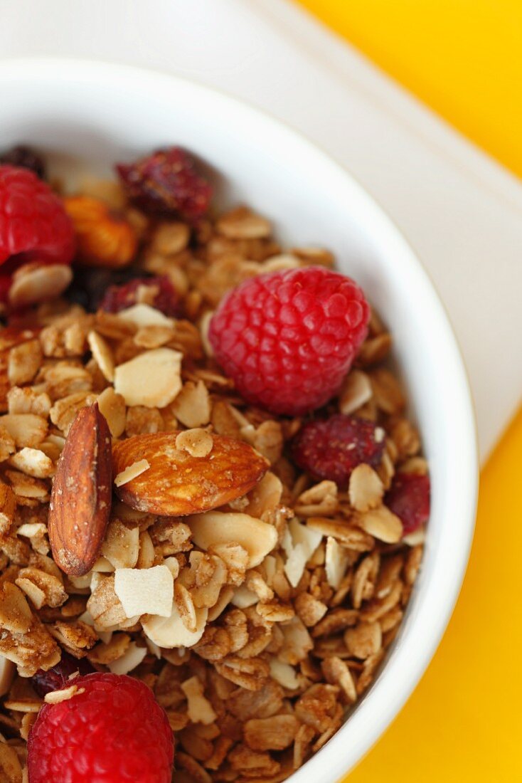 Bowl of Granola with Dried Fruit, Almonds and Raspberries; From Above