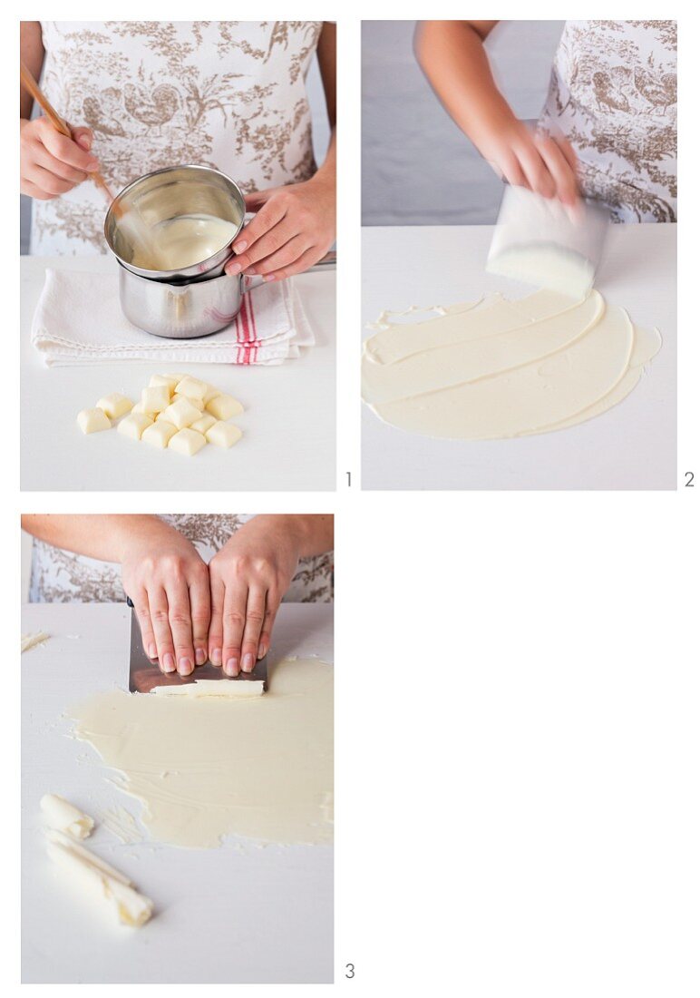 Curls of white chocolate being made