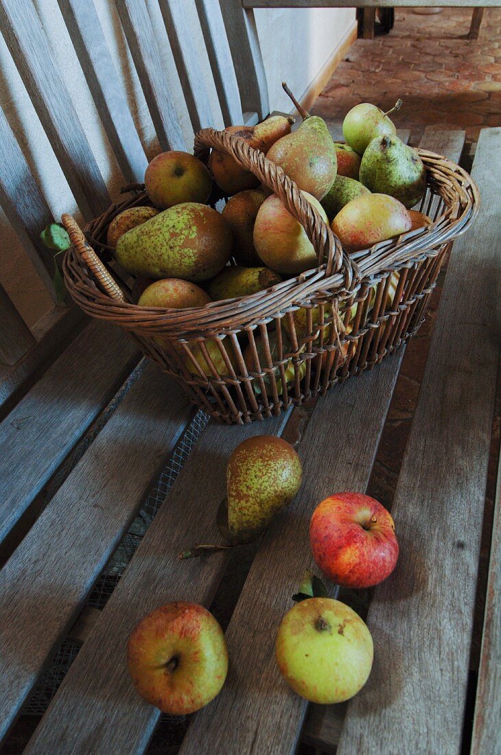 Apples and pears in wicker basket on wooden bench