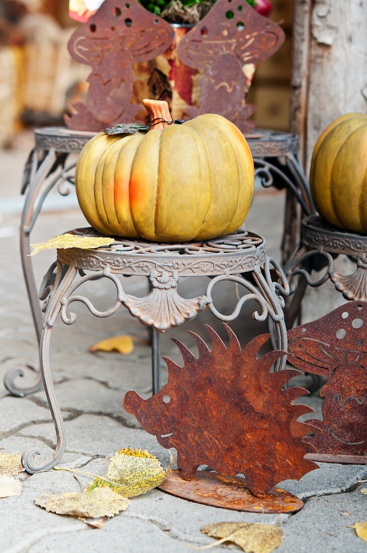 Herbstdekoration mit Kürbis im Garten