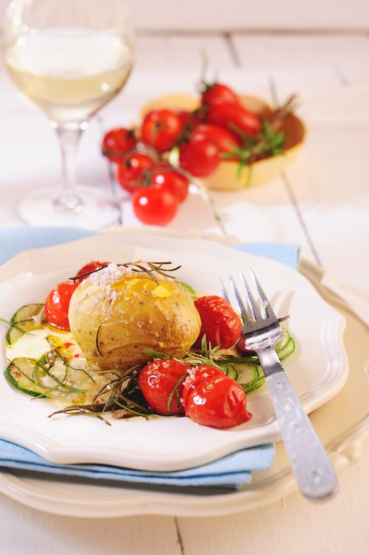 Baked potato and baked tomatoes