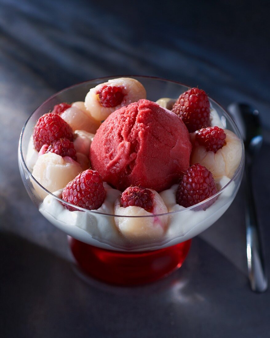 Raspberry sorbet with lychees