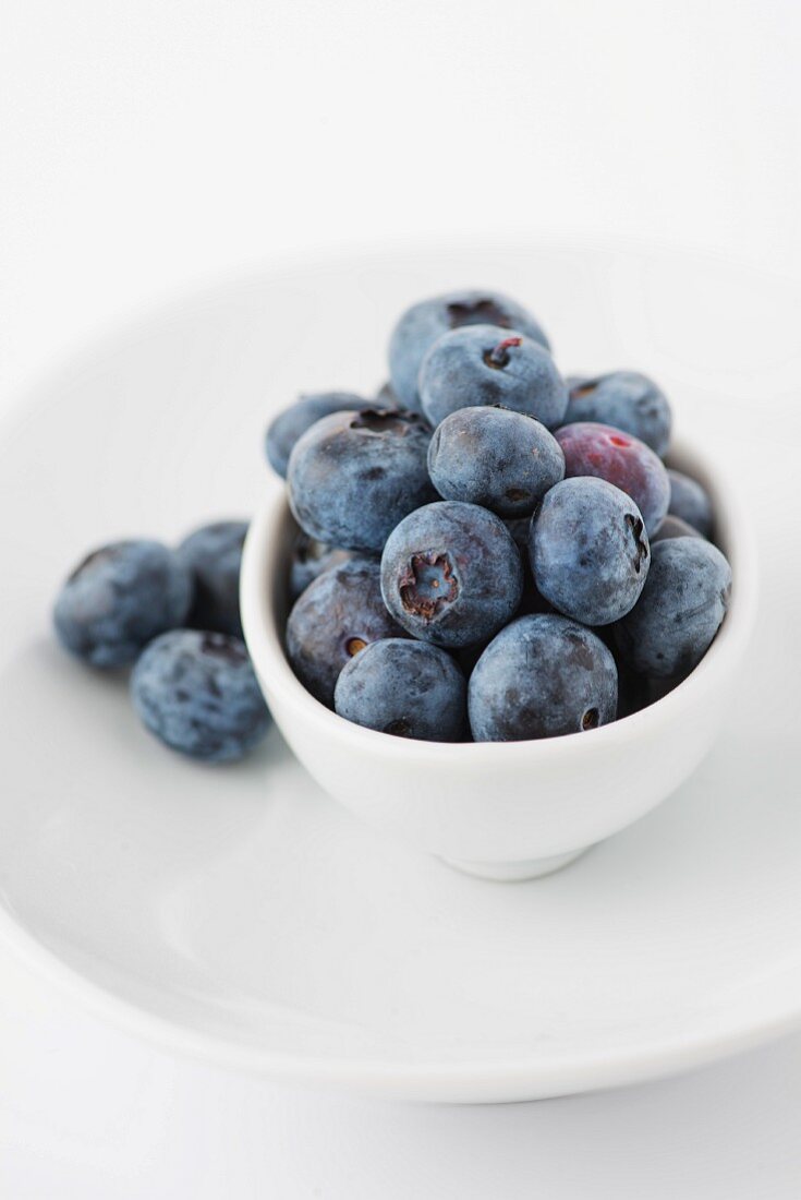 Blueberries in a white dish and on a plate