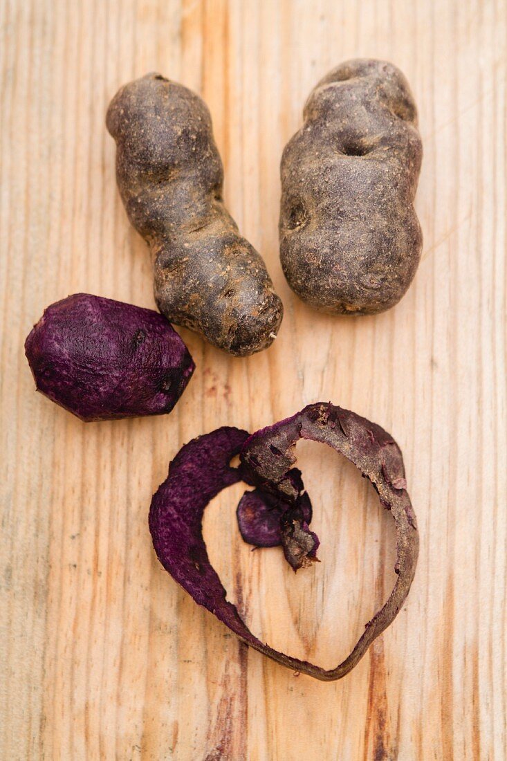 Purple potatoes with potato peel