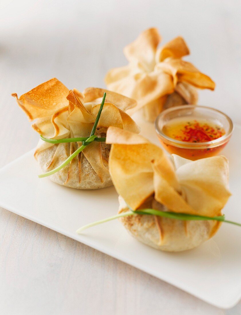Filled dim sum parcels with chilli sauce (Asia)