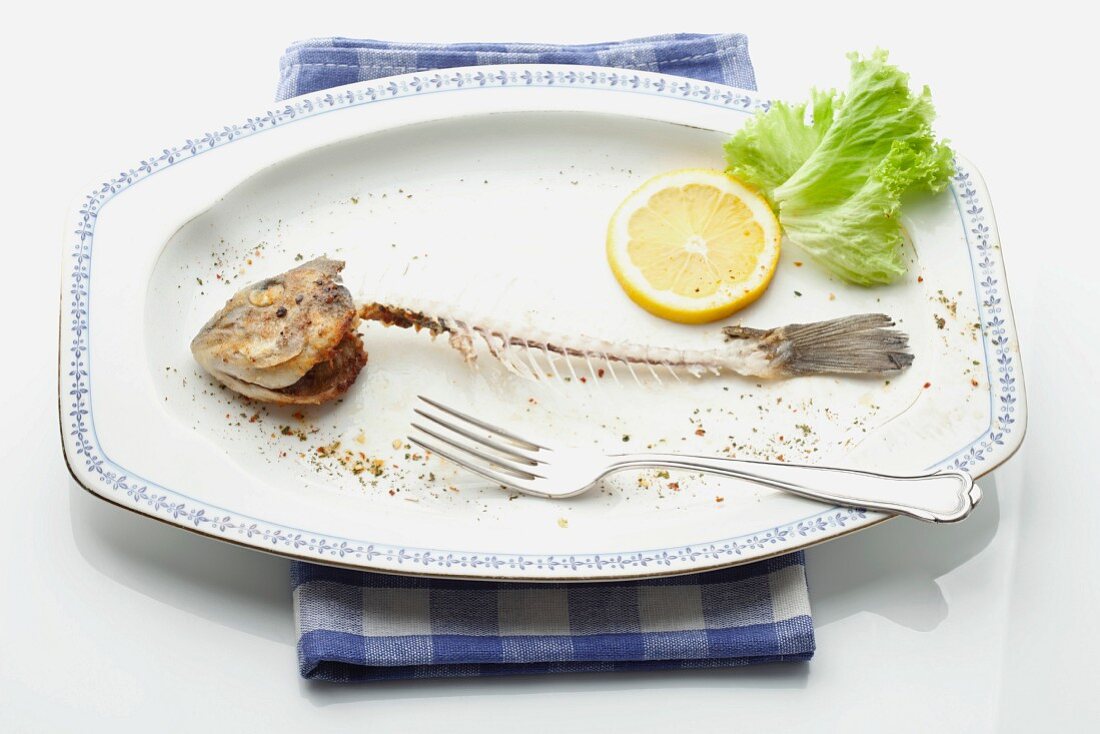 A fish skeleton, a slice of lemon and a lettuce leaf on a plate