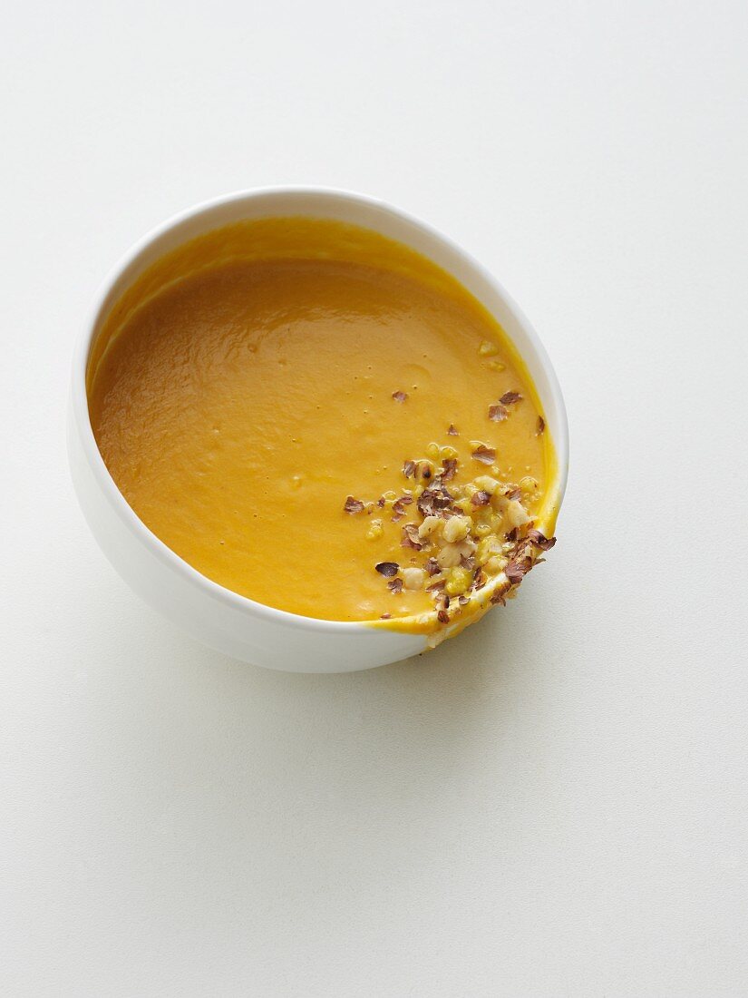Pumpkin and chestnut soup with hazelnuts