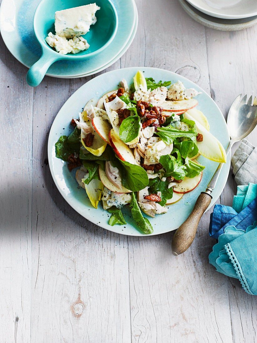 Chicken salad with apple and caramelised pecan nuts