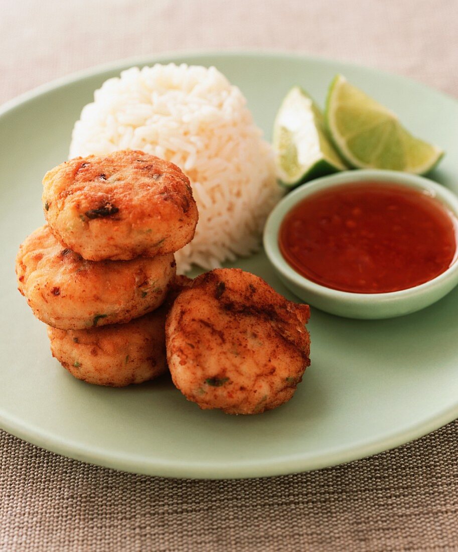 Fischpuffer mit Chilisauce und Reis (Thailand)