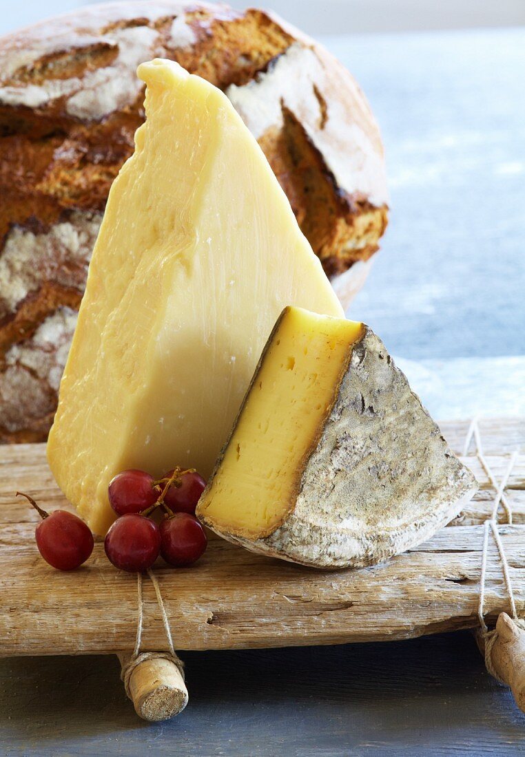 Parmesan and Tomme de Savoie cheese on a wooden board