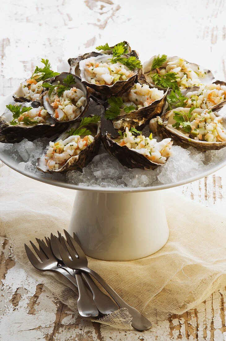 Oysters stuffed with crab, on ice