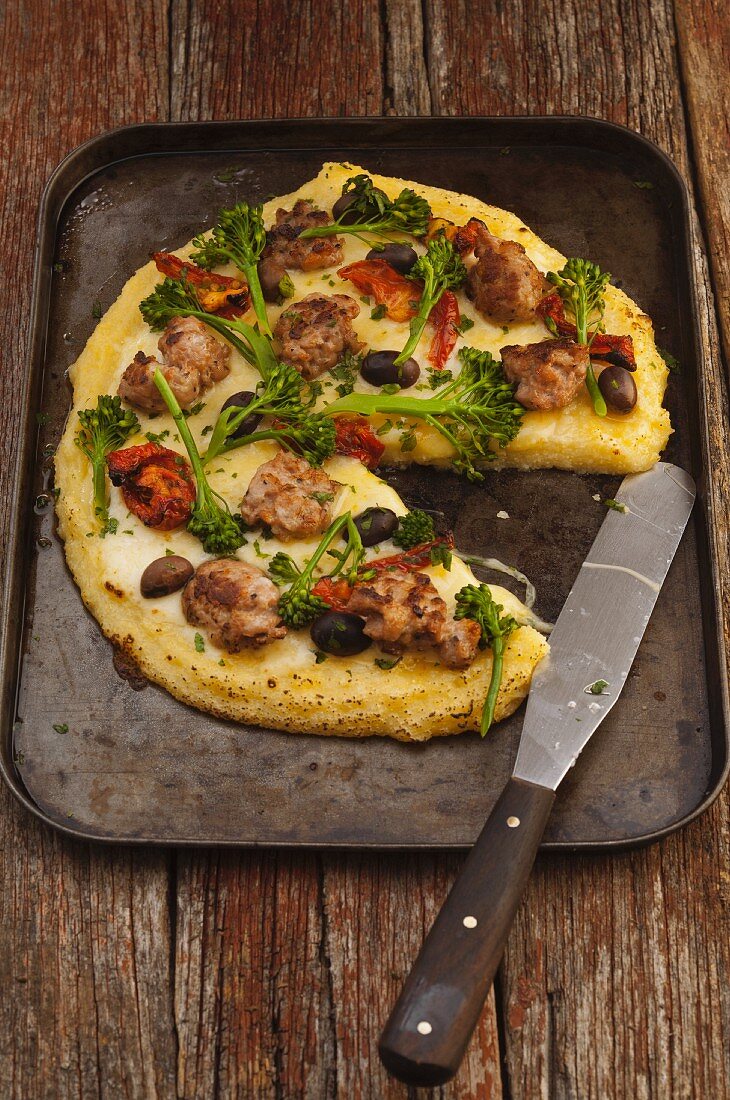 Polenta pizza with sausage and vegetables