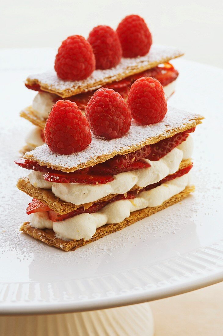 Mille feuilles with strawberries and raspberries