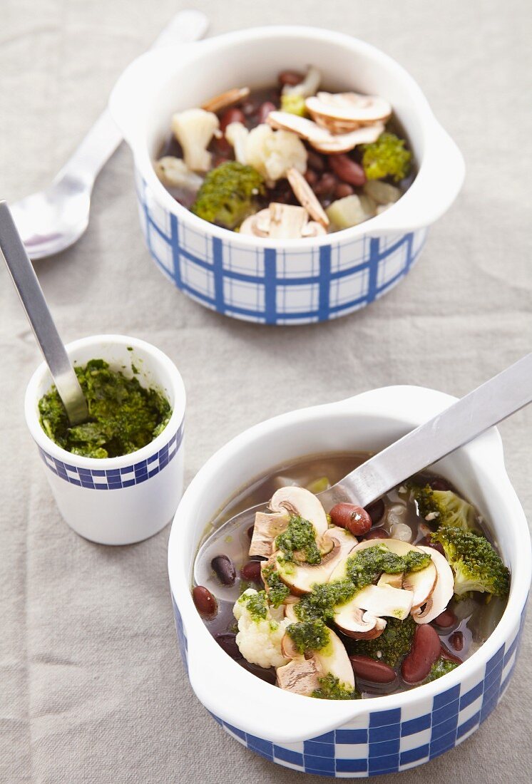 Minestrone soup with mushrooms, broccoli and red beans