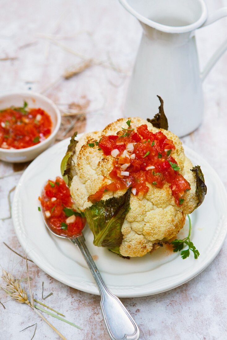 Cauliflower with tomato and chilli salsa