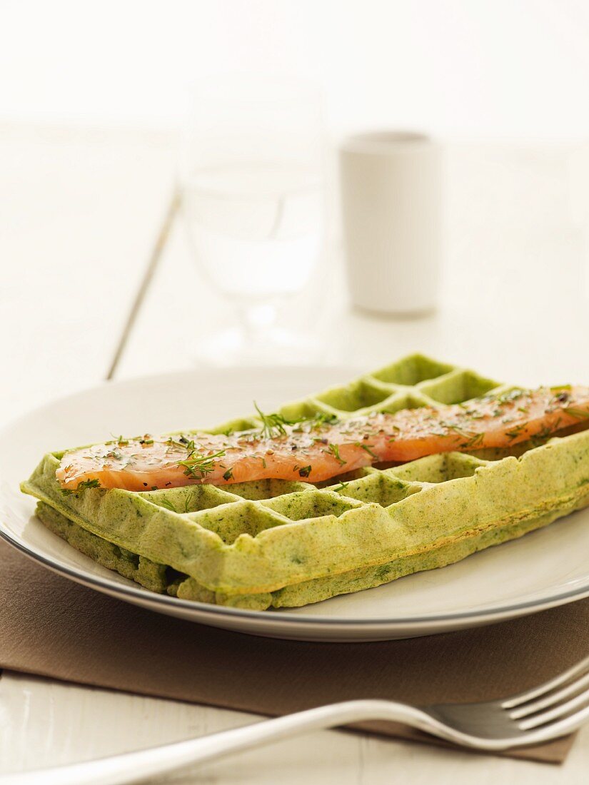 Spinach waffles with smoked salmon