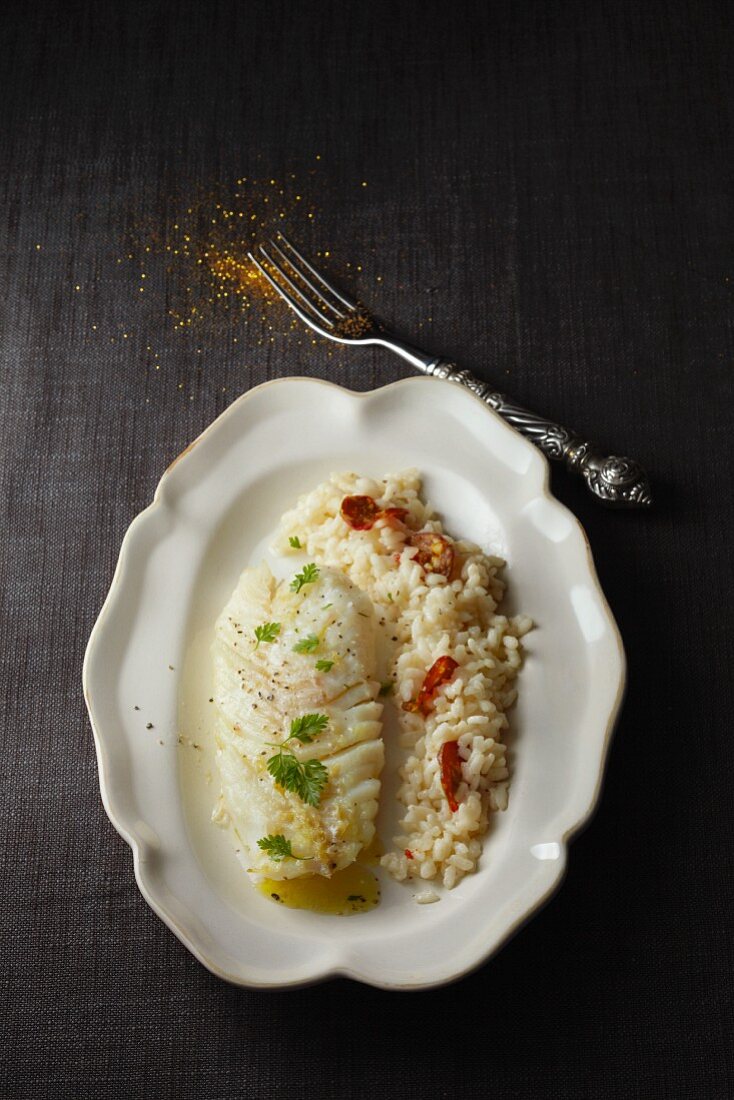 Cod fillet with risotto and chorizo