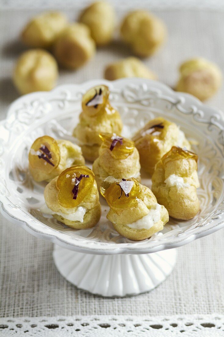 Profiteroles topped with a hard caramel