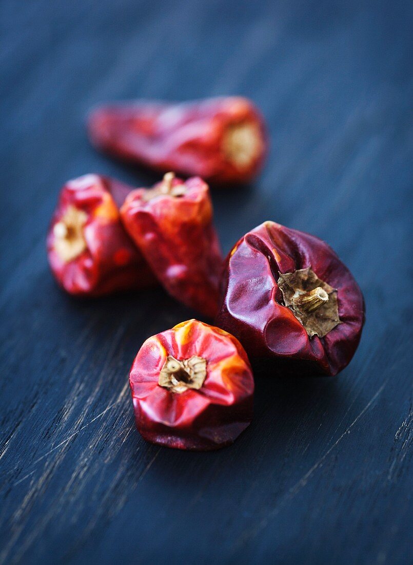 Several dried chilli peppers