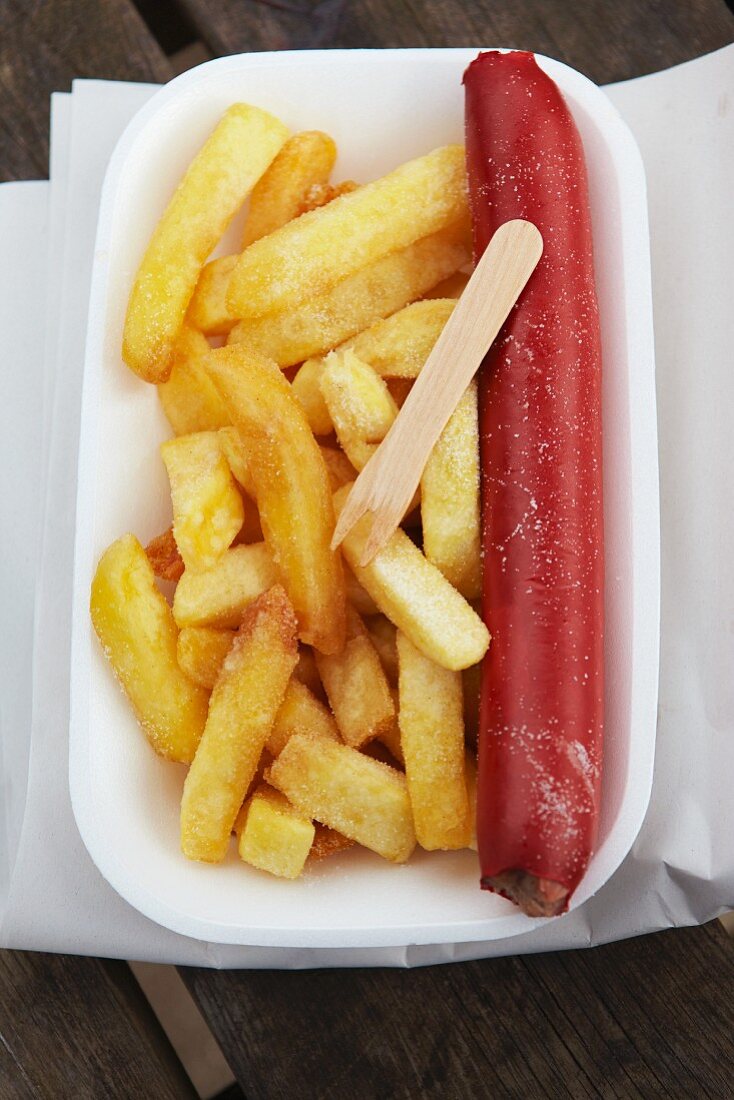 Saveloy sausage with chips (England)