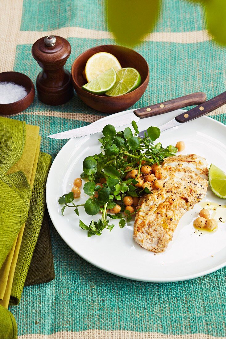 Barbecued fish with yoghurt marinade and a chickpea & herb salad