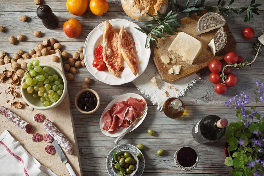 A still life of Mediterranean foodstuffs