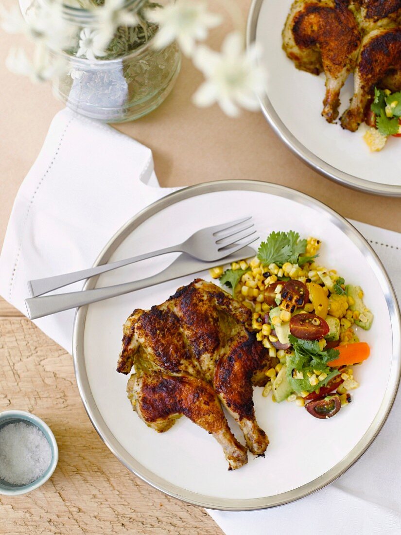 Barbecued spring chicken with sweetcorn salad