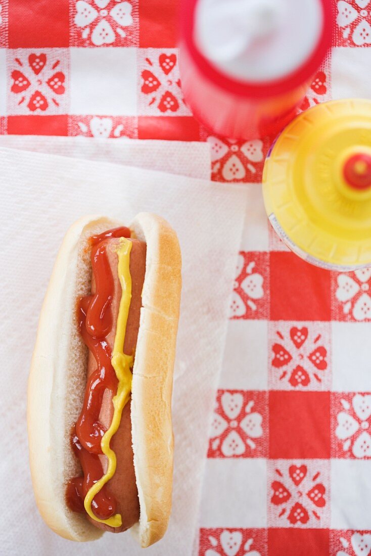 High angle view of hot dog with ketchup and mustard