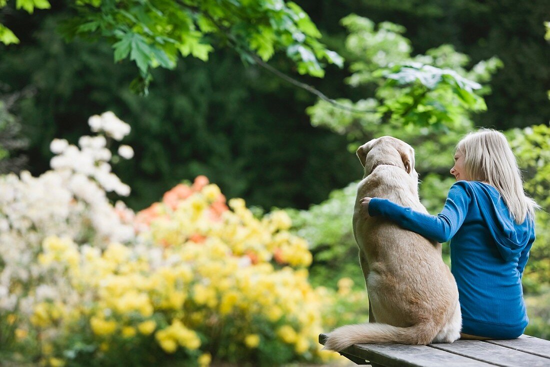 Girl and dog sitting together on picnic table