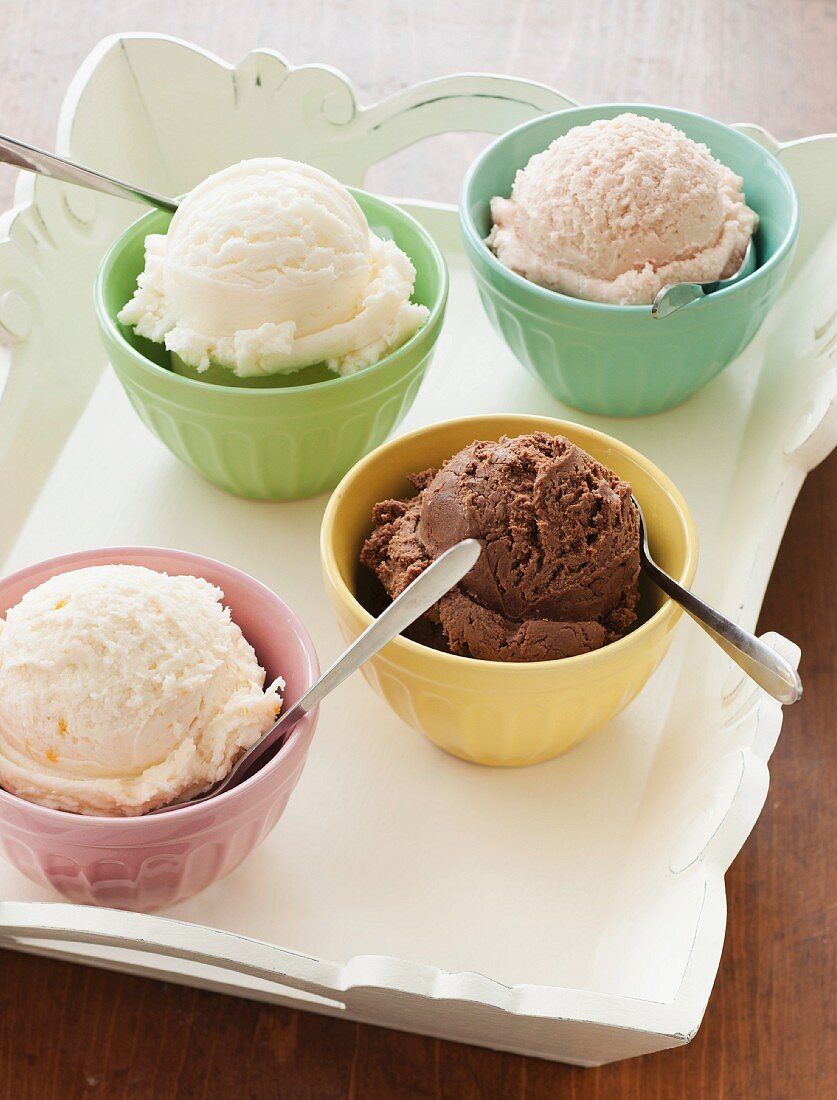 Close up of bowls with ice cream selection on tray