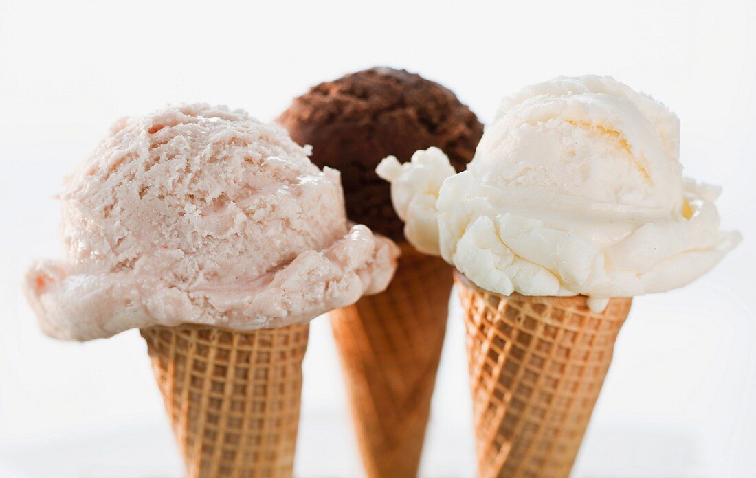 Close up of various ice cream cones