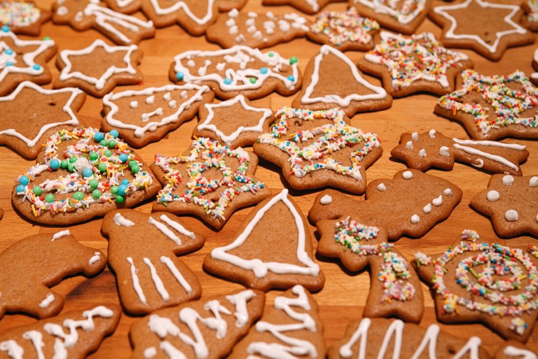 Assorted gingerbread biscuits decorated with sugar icing