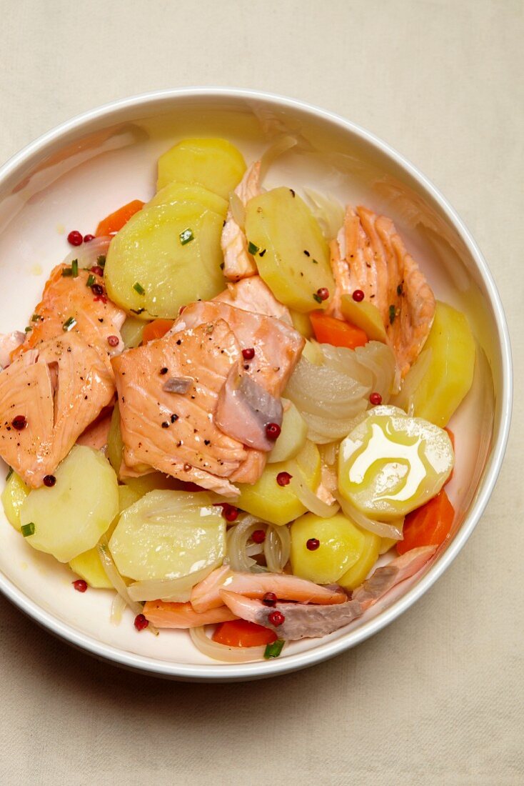 Potato salad with salmon and herring
