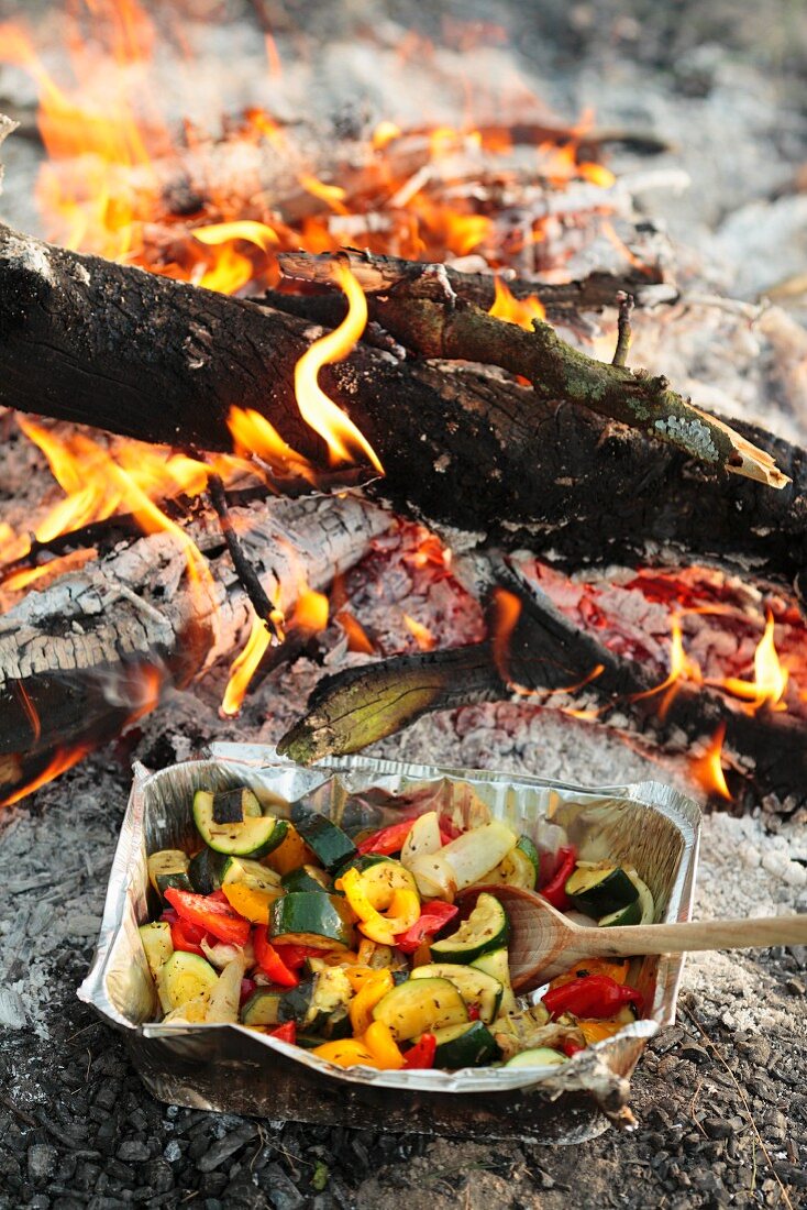 Vegetables roasted over the campfire