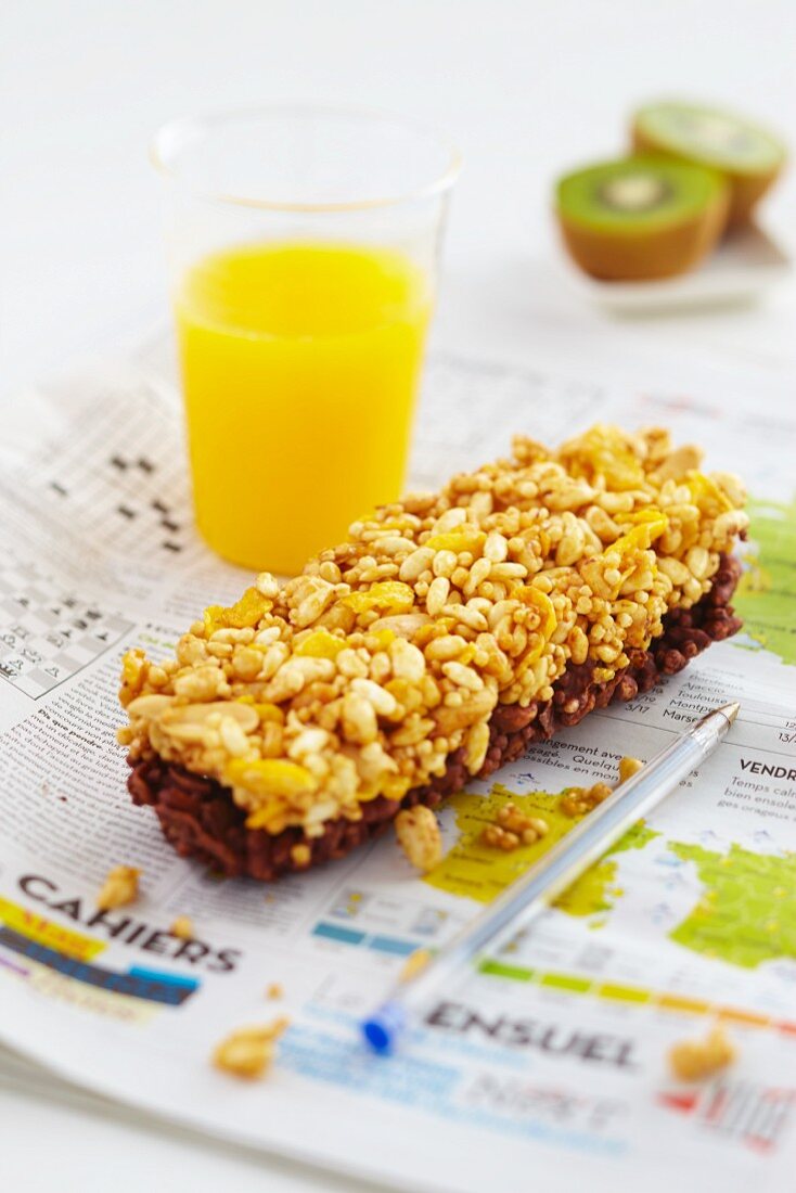 Chocolate muesli bars and orange juice