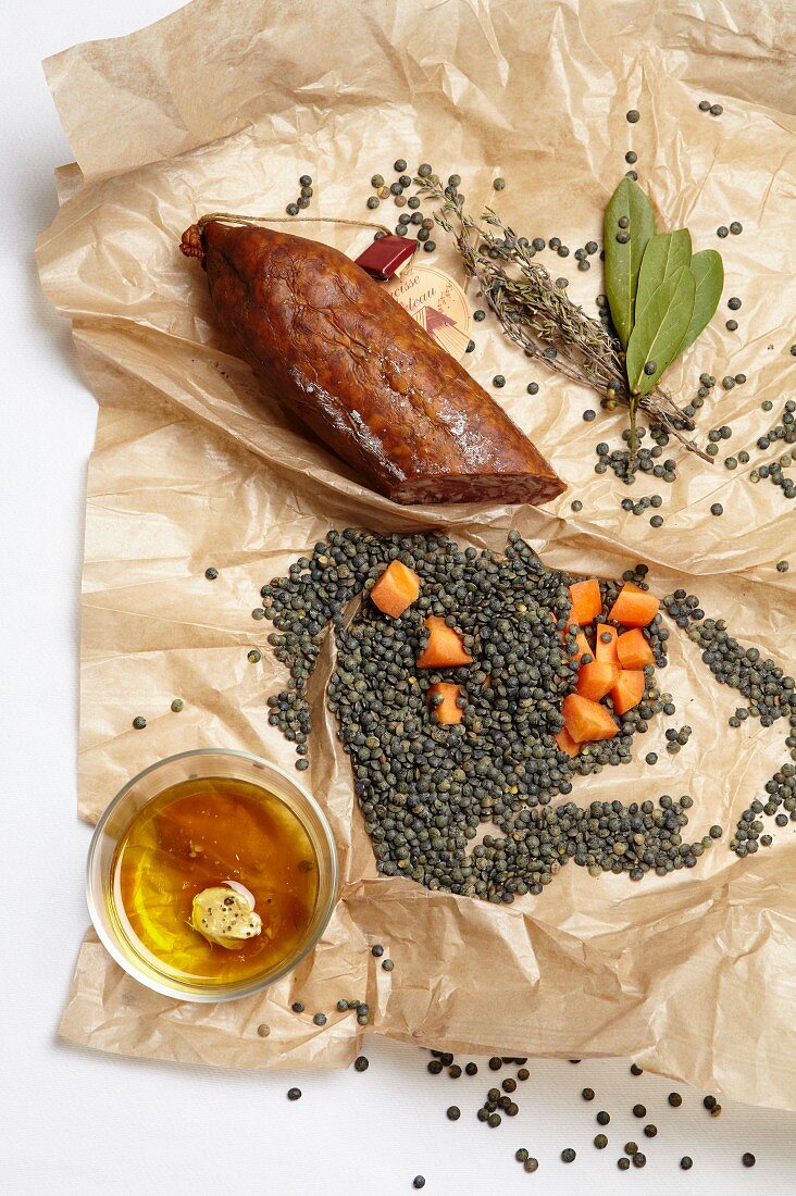 Lentils, carrots, olive oil and Saucisse de Morteau (smoked sausage, France)