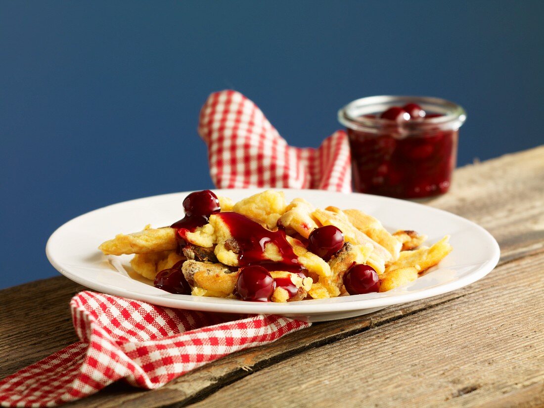 Kaiserschmarren (sweet cut up pancakes) with cherry compote
