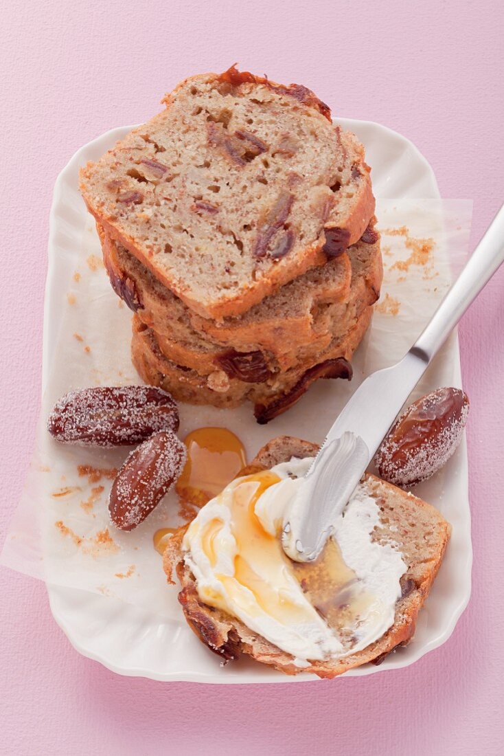 Banana bread with clotted cream and dates