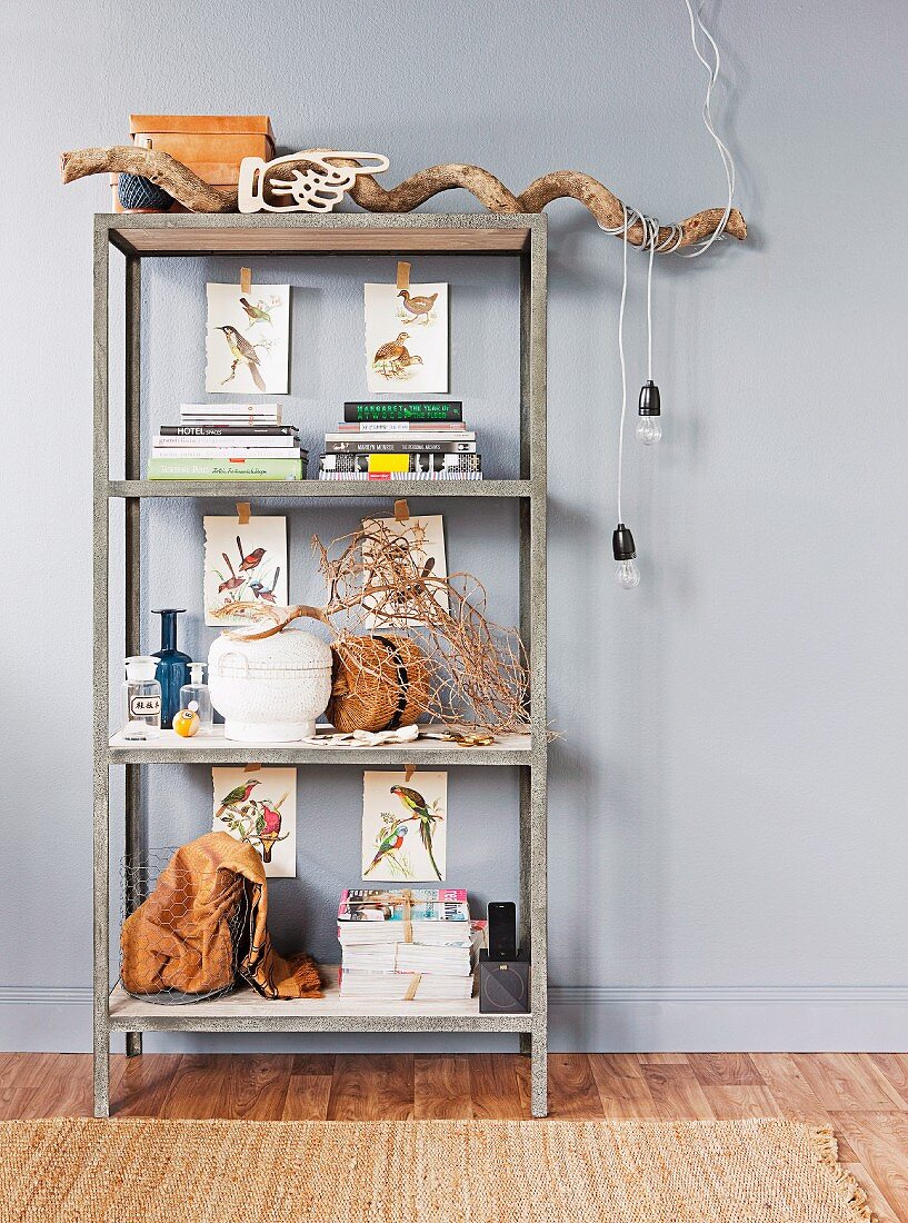 Simple, industrial-style shelving unit decorated with natural materials; pendant lamp cables wrapped casually around branch