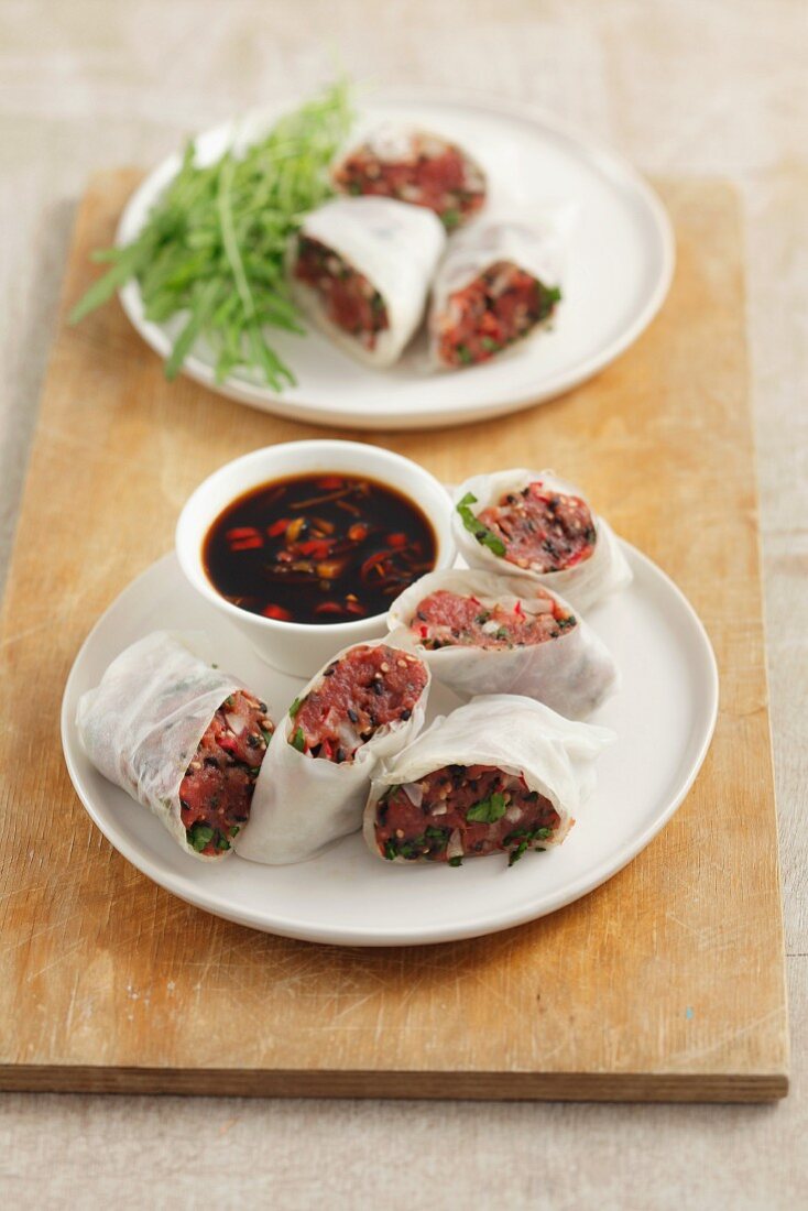 Rice paper rolls with beef tartar