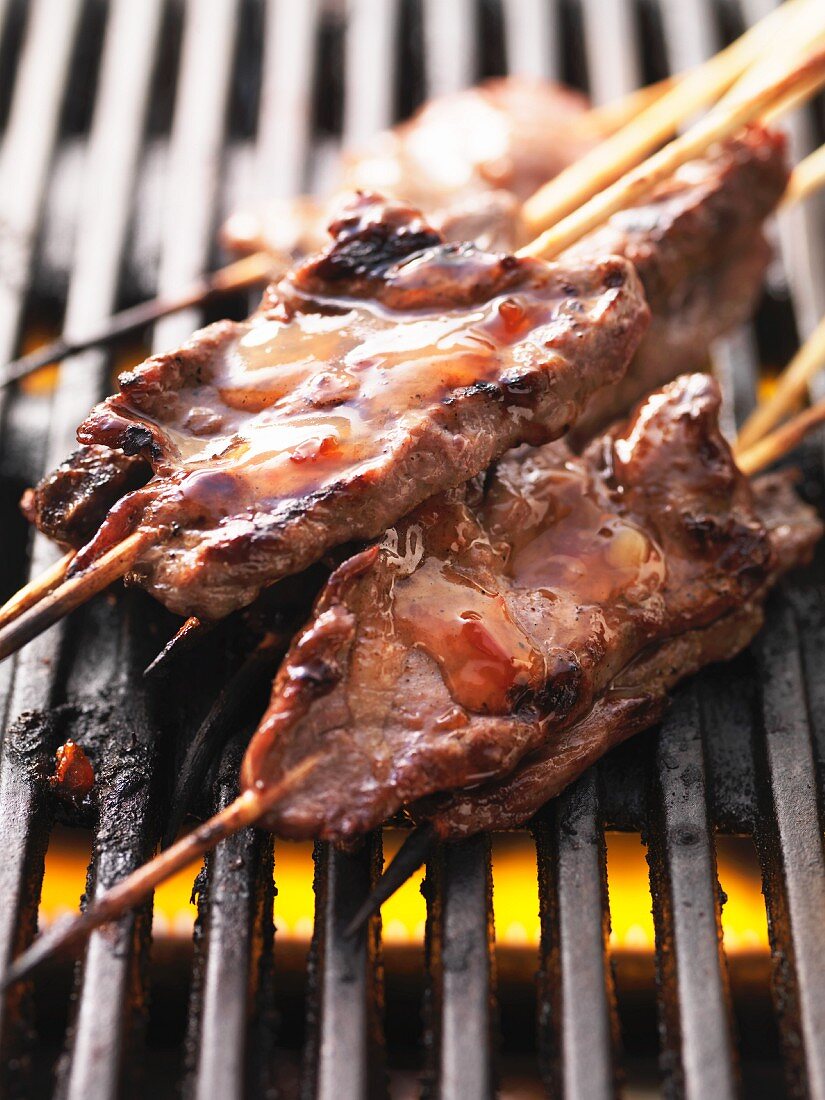 Barbecued beef skewers on the barbecue