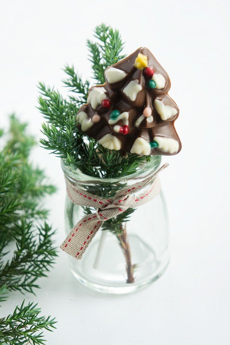 Chocolate Christmas tree lolly and conifer twig in jar