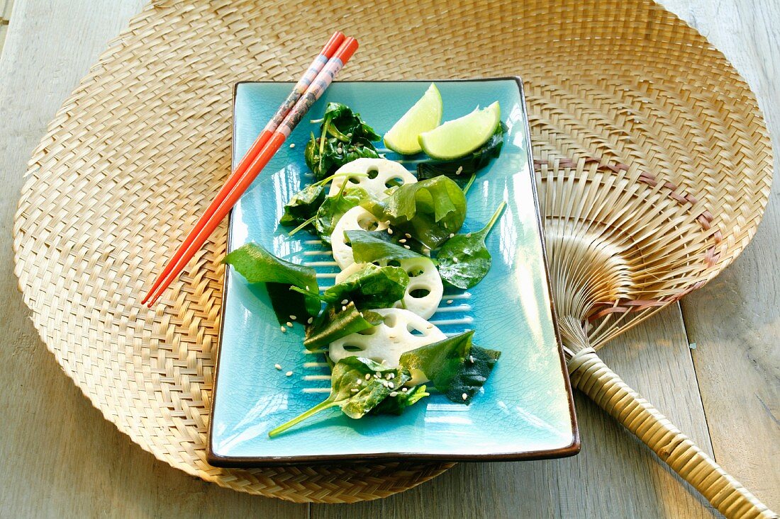 Seaweed salad, lotus roots, spinach and sesame